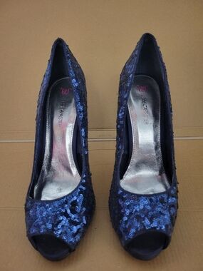 Sequined Peep-Toe Heels in Navy Blue